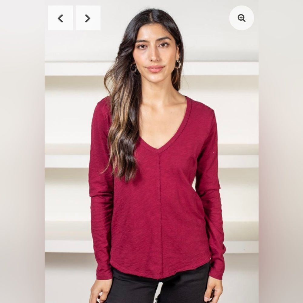 Bobi Center Seam V-Neck Long Sleeve Tee In Pinot Size XS NWT